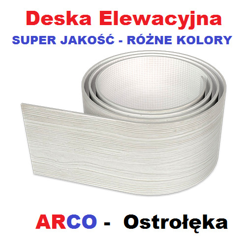 Elastyczna deska elewacyjna w rolce, imitacja jasnego drewna, zwinięta na białym tle, z widocznym napisem promocyjnym i nazwą firmy ARCO - Ostrołęka.