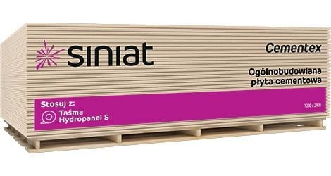 Paleta z płytami cementowymi ogólnobudowlanymi marki Siniat Cementex z widocznym logo i informacją o rekomendowanej taśmie HydroPanel S.