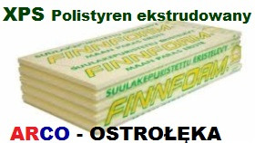 Płyty polistyrenu ekstrudowanego XPS marki Finnfoam, widoczne napisy w języku fińskim, producent Arco-Ostrołęka.