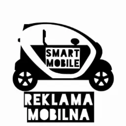 Czarno-białe logo przedstawiające stylizowany, mały pojazd z napisem 'SMART MOBILE' w górnej części i 'REKLAMA MOBILNA' poniżej.