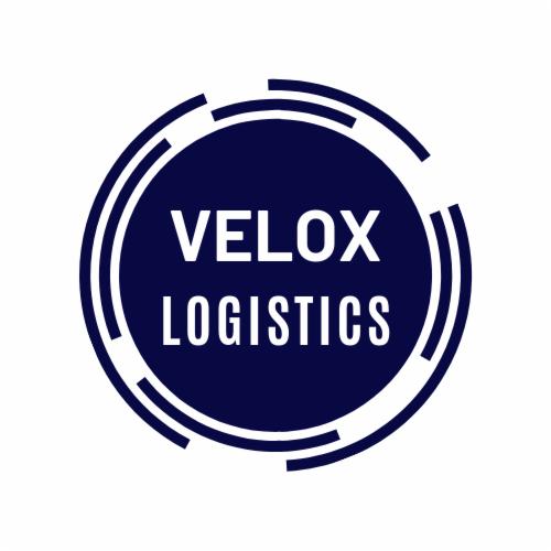 Logo firmy Velox Logistics w granatowo-białej kolorystyce, z nazwą firmy w centrum koła otoczonego przerywanymi liniami.