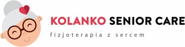 Logo firmy 'Kolanko Senior Care' z grafiką uśmiechniętej starszej pani w okularach i sercem we włosach, oferującej fizjoterapię z sercem.