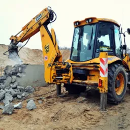 Żółta koparko-ładowarka JCB kruszy betonowy fundament z wystającymi prętami zbrojeniowymi na piaszczystym placu budowy; w tle hałda piasku.