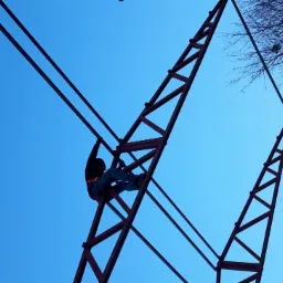 Pracownik w uprzęży asekuracyjnej wspina się po metalowej konstrukcji, prawdopodobnie w trakcie montażu lub naprawy, na tle błękitnego nieba.