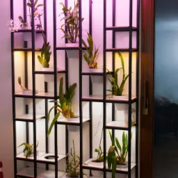 Metalowa konstrukcja regału z podświetleniem LED, wypełniona doniczkami z roślinami, w tym orchideami, z książkami na dolnej półce.
