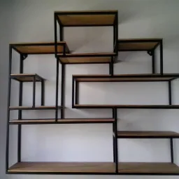 Metalowa konstrukcja regału z drewnianymi półkami przymocowana do ściany, widoczne spawy na łączeniach profili.