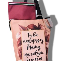 Anna Szulc - Torba shopper z motywem liści i napisem 'Torba najlepszej Mamy na całym świecie', z dodatkową bordową kieszenią na zamek i czarnymi uchwytami.