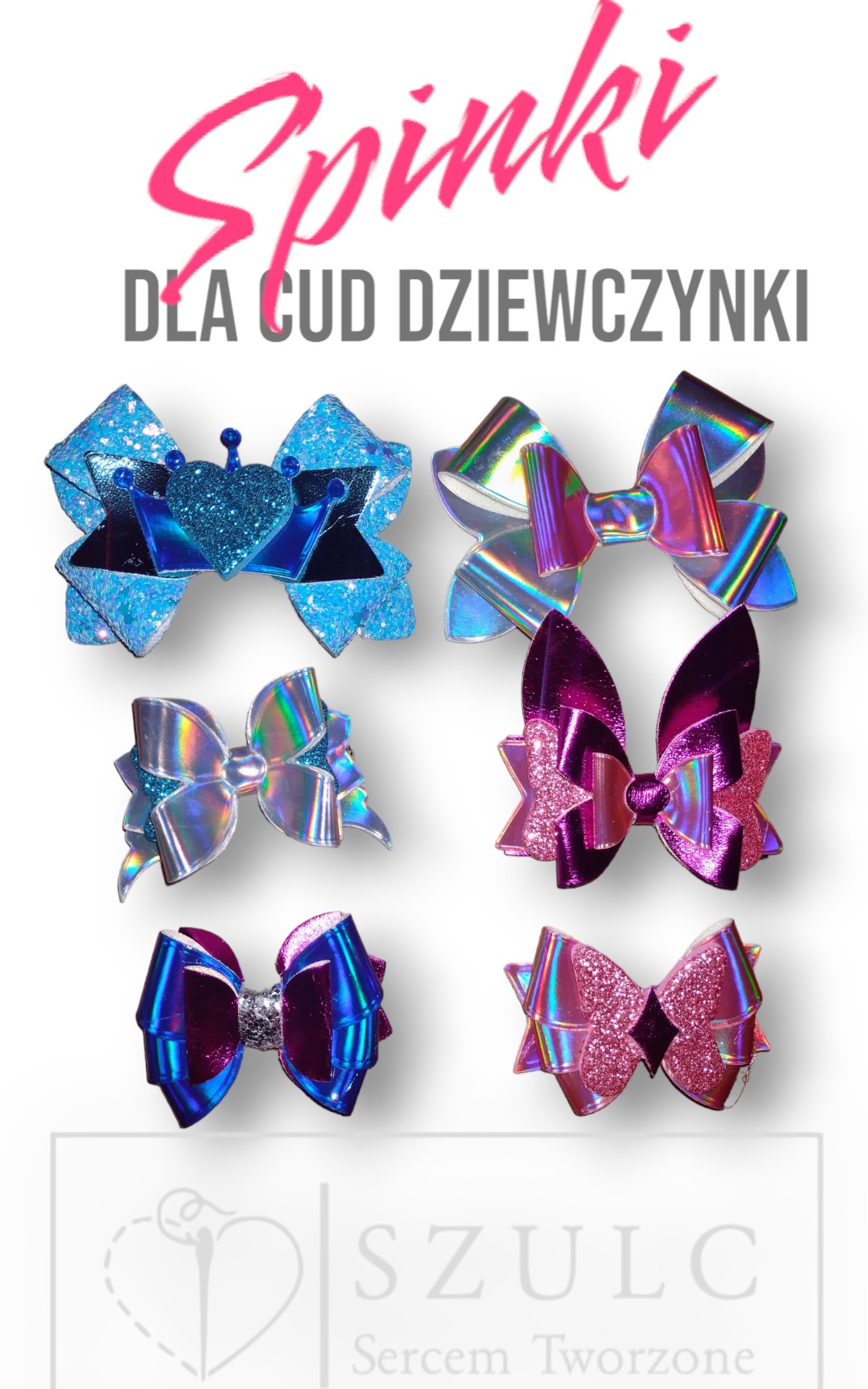 Kolekcja sześciu błyszczących spinek do włosów dla dziewczynek, w odcieniach błękitu, srebra, fioletu i różu, z logo firmy 'SZULC' w dolnej części kadru.