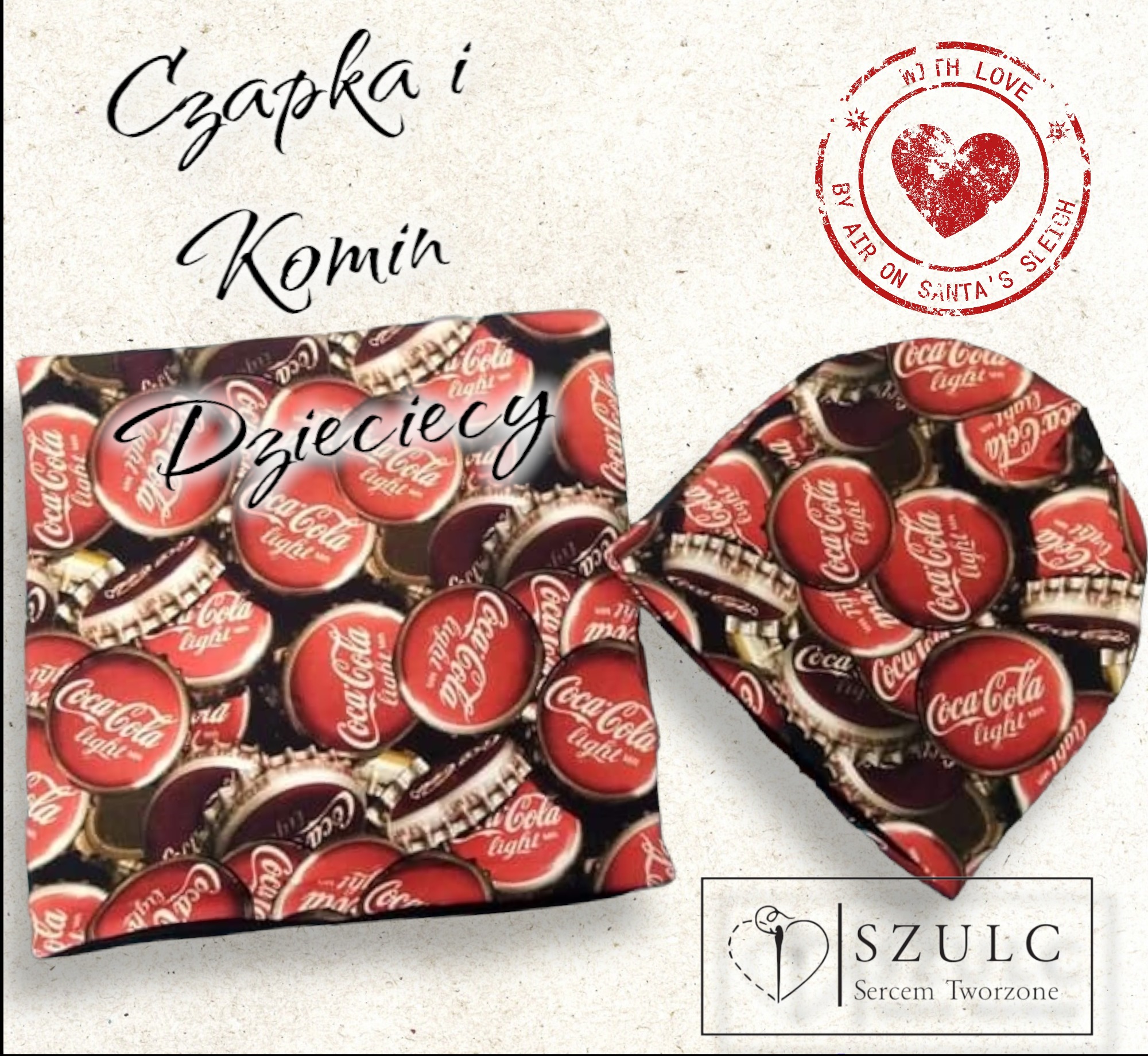 Dziecięcy komplet: kwadratowa chusta i komin uszyte z materiału w kapsle Coca-Cola Light, prezentowane z logo firmy Szulc i ozdobnym stemplem 'With Love By Air on Santa's Sleigh'.
