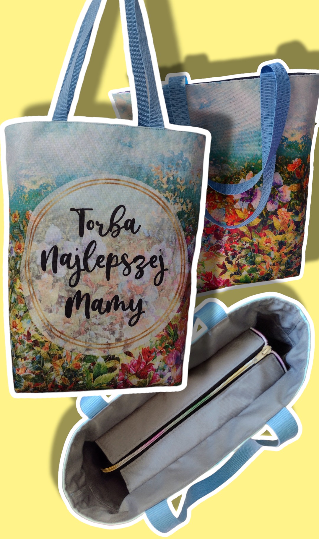 Trzy torby na zakupy z motywem kwiatowym i napisem 'Torba Najlepszej Mamy', dwie z niebieskimi uchwytami widoczne z zewnątrz, trzecia odwrócona, ukazująca szarą podszewkę z zapięciem.
