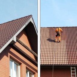 AZ Clean Mycie i malowanie dachów, czyszczenie elewacji, kostki brukowej - Dachówka przed i po renowacji: po lewej stronie dach przed, po prawej pracownik w kombinezonie na dachu podczas malowania natryskowego.