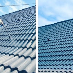 AZ Clean Mycie i malowanie dachów, czyszczenie elewacji, kostki brukowej - Dachówka przed i po malowaniu natryskowym. Po lewej stronie dach w trakcie malowania, po prawej efekt końcowy. Widoczny fragment nieba.