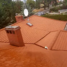 Czerwona dach&oacute;wka karpi&oacute;wka, widoczny komin z cegły, antena satelitarna, okno dachowe i ślady po deszczu