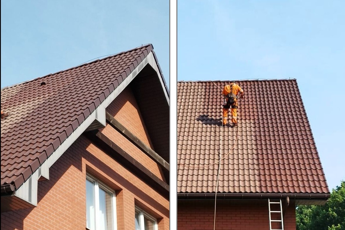 Dachówka przed i po renowacji: po lewej stronie dach przed, po prawej pracownik w kombinezonie na dachu podczas malowania natryskowego.