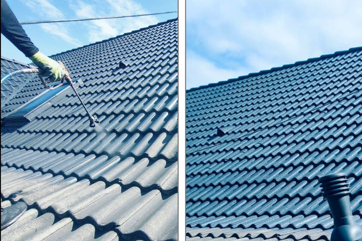 Dachówka przed i po malowaniu natryskowym. Po lewej stronie dach w trakcie malowania, po prawej efekt końcowy. Widoczny fragment nieba.