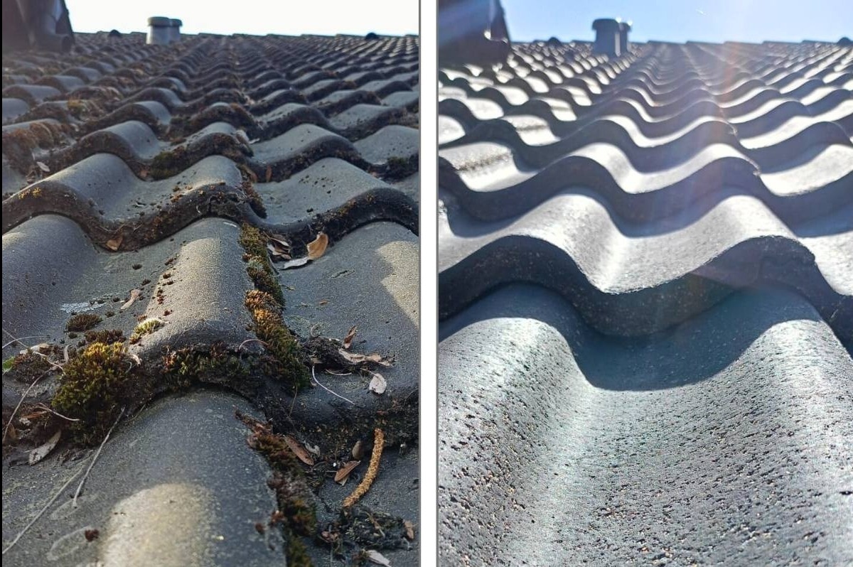 Dachówka przed i po czyszczeniu: po lewej pokryta mchem i zabrudzeniami, po prawej czysta, szara dachówka. Widok z dołu, w tle komin.
