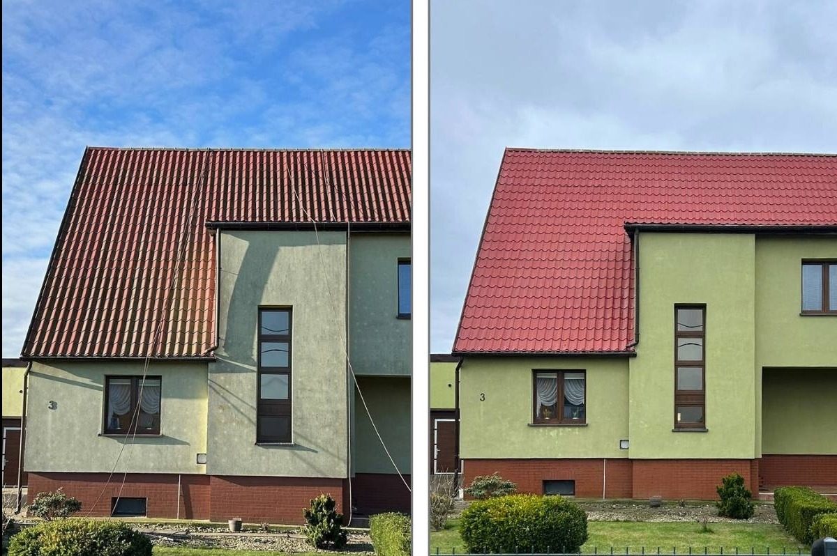 Zdjęcie 'przed i po' prezentujące dach budynku: po lewej stronie dach pokryty mchem, po prawej czysty, czerwony dach. Budynek w odcieniach zieleni, z brązową podmurówką.