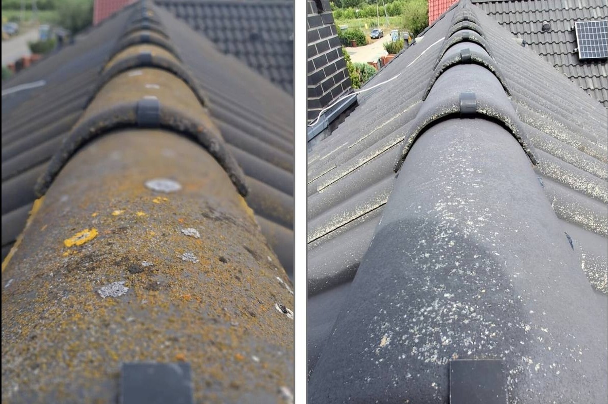 Dachówka ceramiczna przed i po czyszczeniu: po lewej stronie widoczny mech i zabrudzenia, po prawej czysta, ciemnoszara powierzchnia. Efekt mycia dachu.