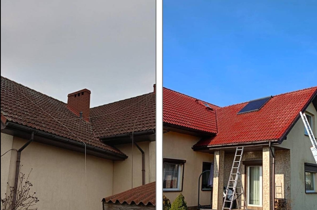 Dachówka przed i po renowacji: po lewej stronie brudna, po prawej świeżo pomalowana na czerwono, z zamontowanym panelem solarnym i przystawioną drabiną.