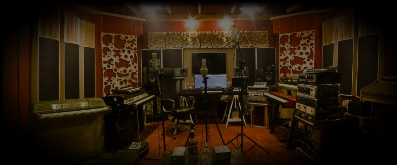 Profesjonalnie wyposażone pomieszczenie z mikrofonami, klawiaturami, komputerem i panelami akustycznymi na ścianach, oświetlone ciepłym światłem.