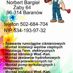 Grafika reklamowa usług hydraulicznych z kreskówkowym hydraulikiem niosącym klucz francuski i przepychaczkę, dane kontaktowe firmy i listę oferowanych usług.