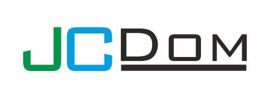 Logo firmy budowlanej JCDOM z zielono-niebieskim JC i czarnym DOM z podkreśleniem