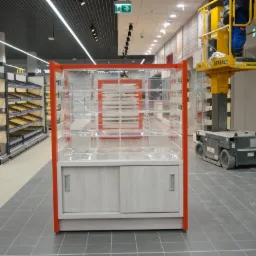 Montaż nowej, pustej witryny sklepowej z przeszkleniami i drewnopodobnymi drzwiczkami przesuwnymi w supermarkecie, widoczny podnośnik koszowy.