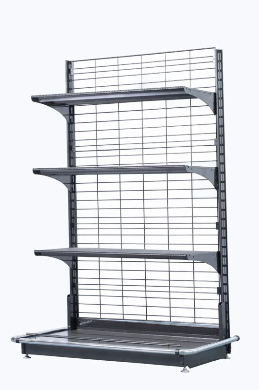 Metalowy regał sklepowy z trzema półkami i siatkową ścianą, regulowane nóżki, widok z przodu na białym tle.
