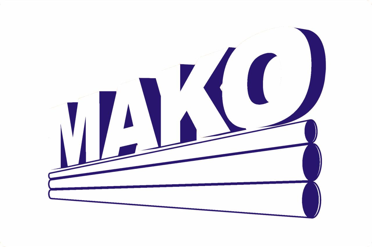 Grafika z napisem MAKO, umieszczonym nad trzema równoległymi rurami w kolorze ciemnoniebieskim, na białym tle. Perspektywa z lekkim skosem.