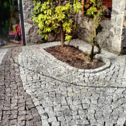 Żabia Wola: Ułożona ścieżka z kostki granitowej w łukowatym wzorze, otaczająca rabatę z młodymi drzewkami, na tle kamiennej elewacji budynku.