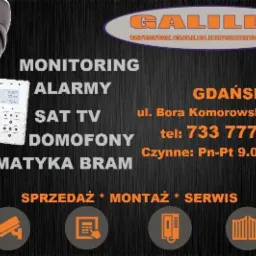 Grafika reklamowa firmy Galileo z Gdańska, oferującej sprzedaż, montaż i serwis systemów monitoringu, alarmów, telewizji satelitarnej, domofonów i automatyki bram, z adresem i numerem telefonu.