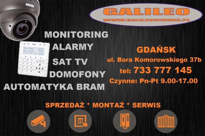 Grafika reklamowa firmy Galileo z Gdańska, oferującej sprzedaż, montaż i serwis systemów monitoringu, alarmów, telewizji satelitarnej, domofonów i automatyki bram, z adresem i numerem telefonu.