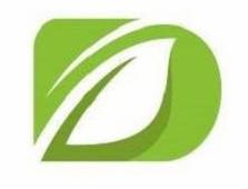 Zielone logo w kształcie litery D z wkomponowanym białym liściem.