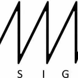 Minimalistyczny, czarno-biały logotyp z napisem 'DESIGN' stylizowanym na zygzak. Proste linie tworzą nowoczesny, geometryczny wzór.