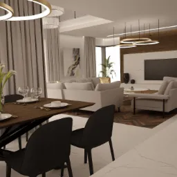 Eleganckie wnętrze: jadalnia z drewnianym stołem i czarnymi krzesłami, salon z szarą sofą i telewizorem na tle drewnianej ściany, oświetlenie w postaci okrągłych lamp.