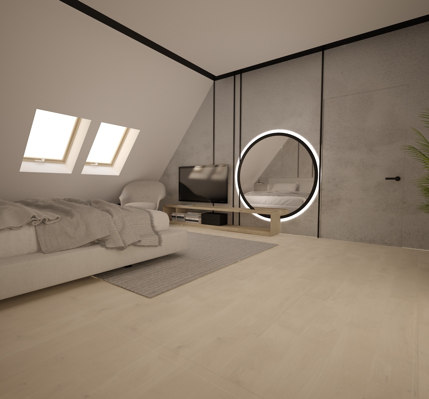 Sypialnia na poddaszu z dwoma oknami dachowymi, łóżkiem z szarą narzutą, okrągłym lustrem z podświetleniem LED i telewizorem na niskiej szafce.