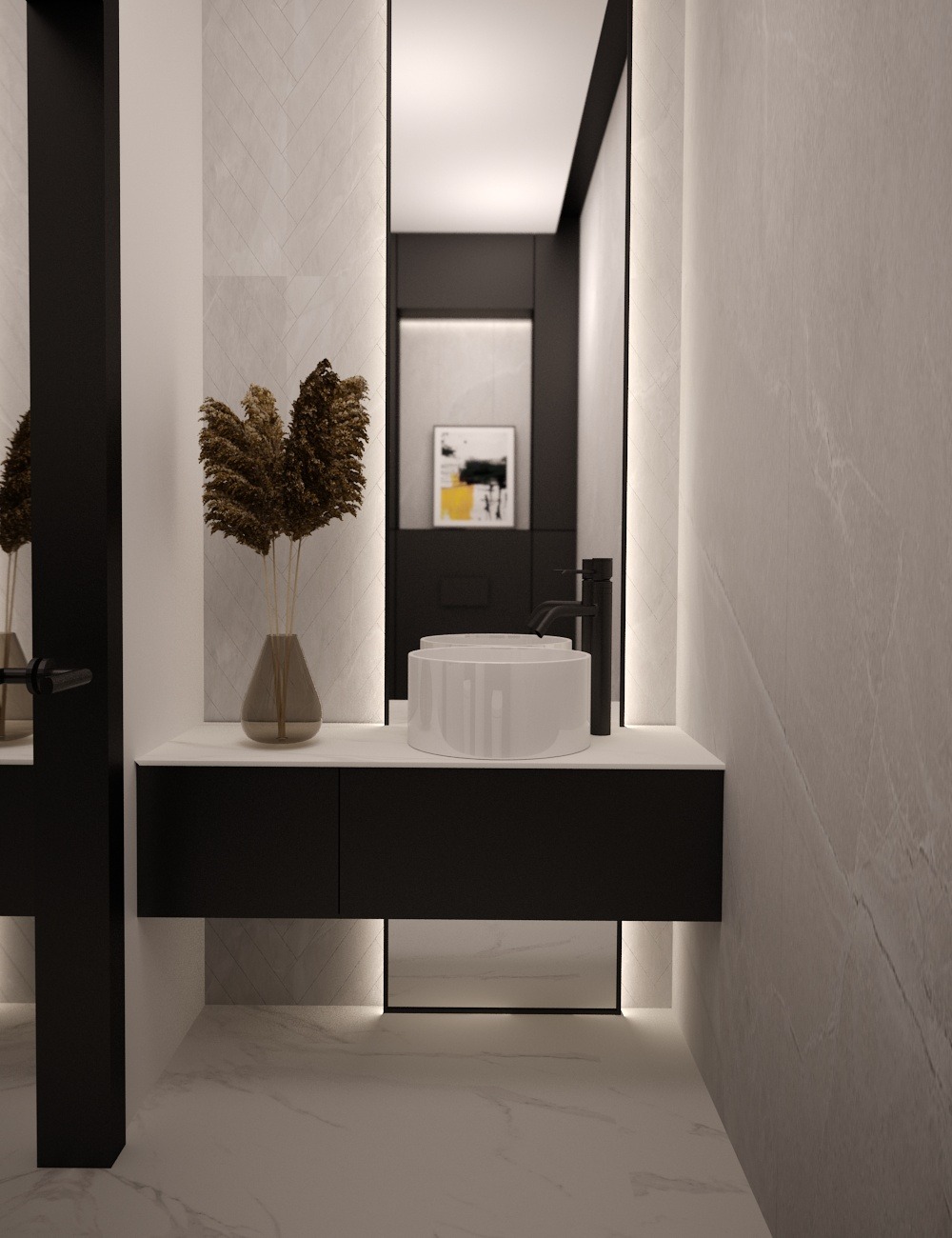 Nowoczesna łazienka z czarnymi akcentami: szafka pod umywalką, rama lustra i armatura. Biała umywalka nablatowa, beżowa waza z suszem. Ściany wykończone płytkami imitującymi marmur i jodełkę.