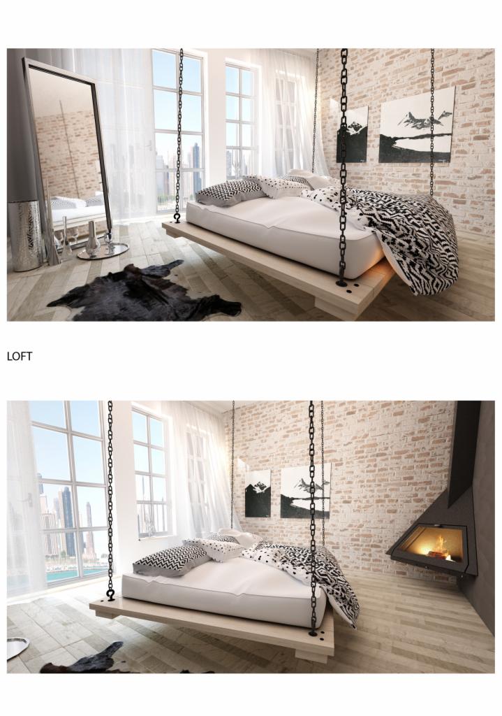 Loftowa sypialnia z wiszącym łóżkiem na łańcuchach, ceglana ściana i minimalistyczny kominek narożny.