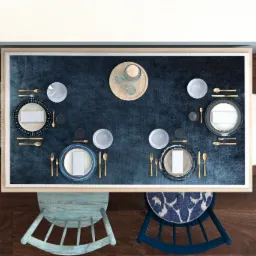 Stół nakryty dla czterech osób z niebieskim obrusem, złotymi sztućcami i różnymi kolorami krzeseł, widok z góry.