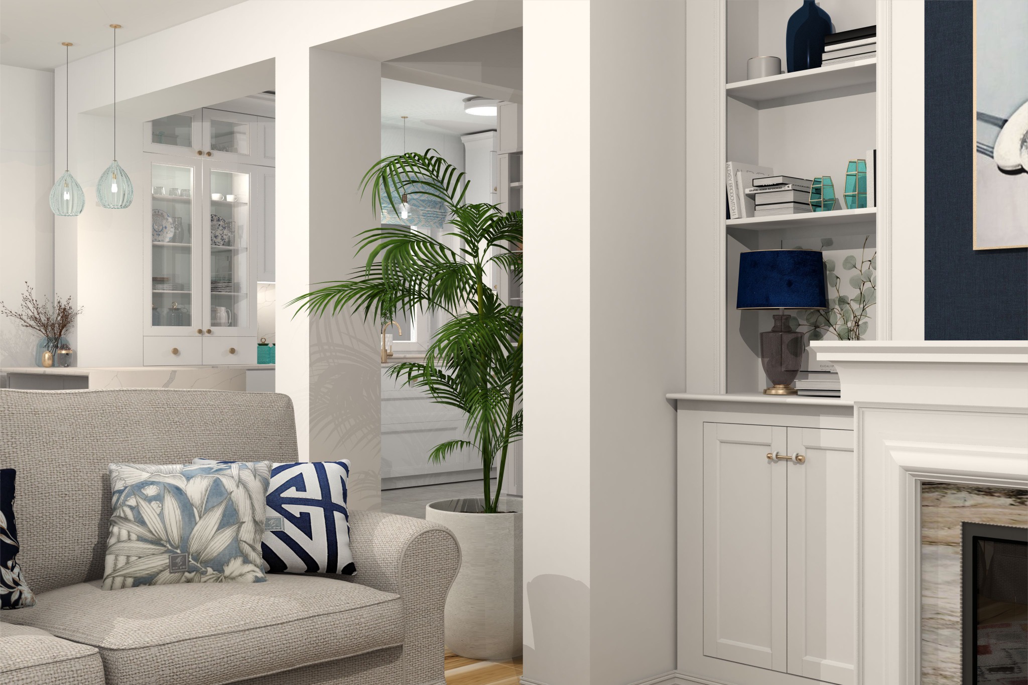 Jasne wnętrze salonu z beżową sofą z dekoracyjnymi poduszkami, rośliną doniczkową w białej osłonce, białymi regałami z dekoracjami i kominkiem, widok na kuchnię w tle.