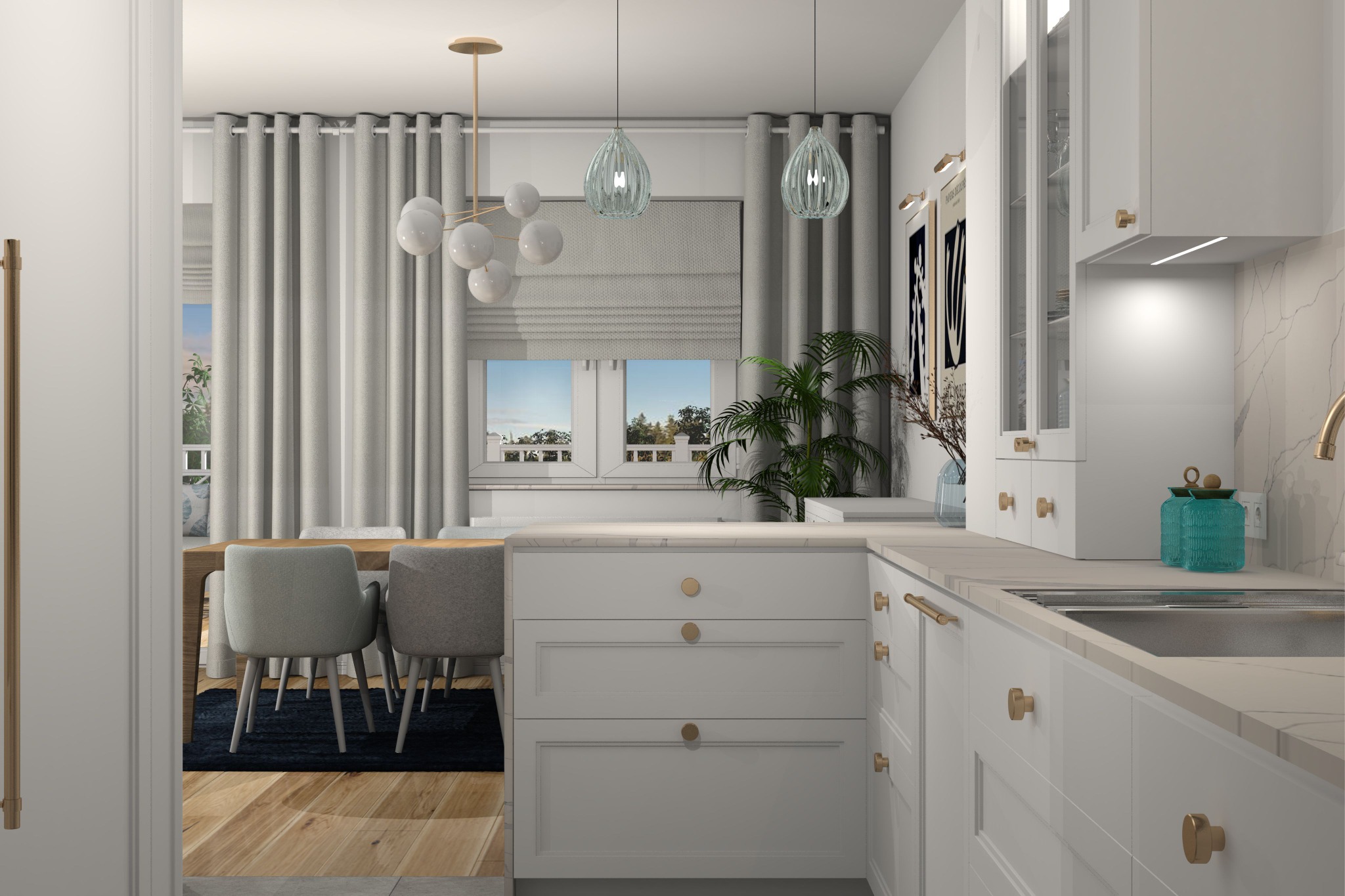 Wnętrze kuchni z jadalnią w stylu skandynawskim: białe szafki z marmurowym blatem, okrągłe złote uchwyty, szare krzesła przy drewnianym stole, zwisające lampy z dekoracyjnymi kloszami.