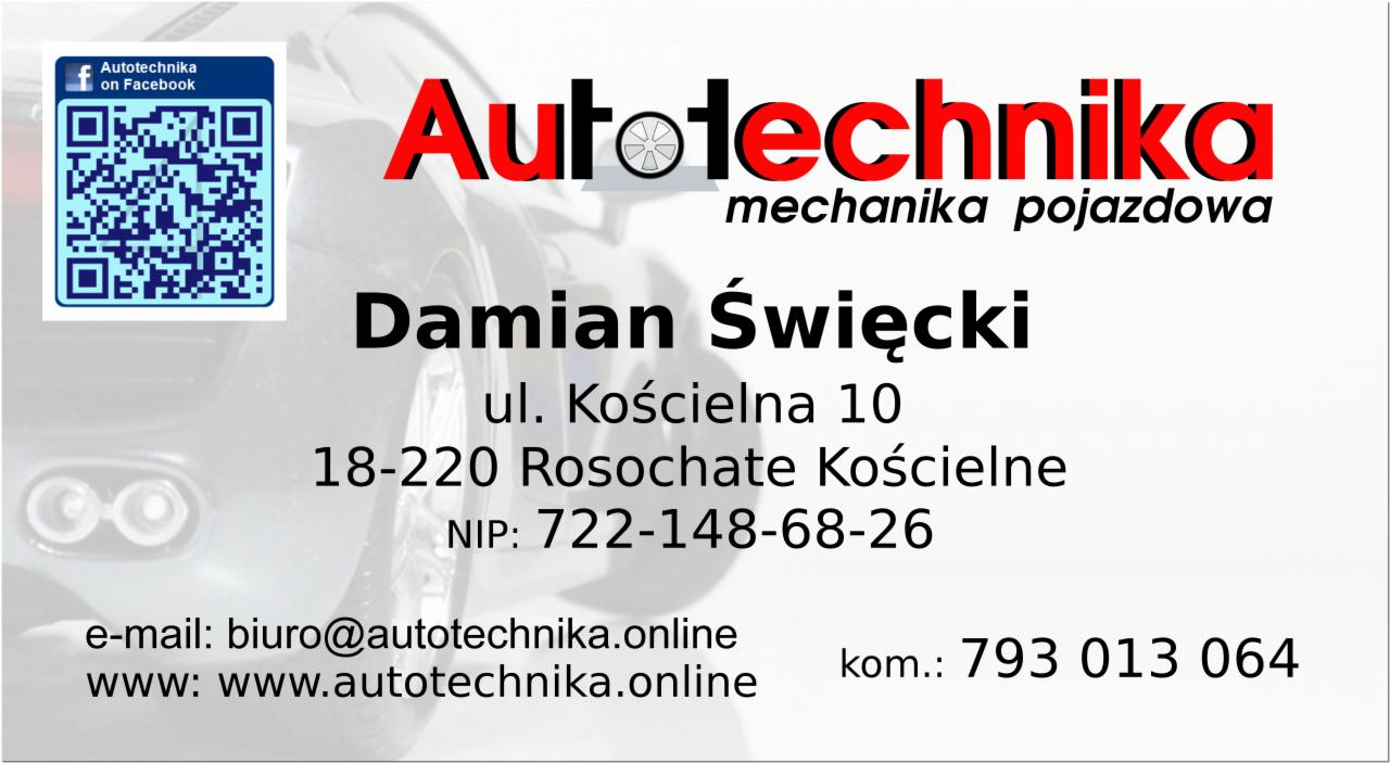Wizytówka warsztatu samochodowego Autotechnika z adresem, numerem telefonu, adresem e-mail, stroną internetową i kodem QR do Facebooka na tle zarysu samochodu.
