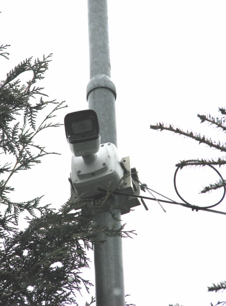Kamera monitoringu zamontowana na metalowym słupie, widoczna z dołu, z fragmentami gałęzi drzew iglastych w kadrze.
