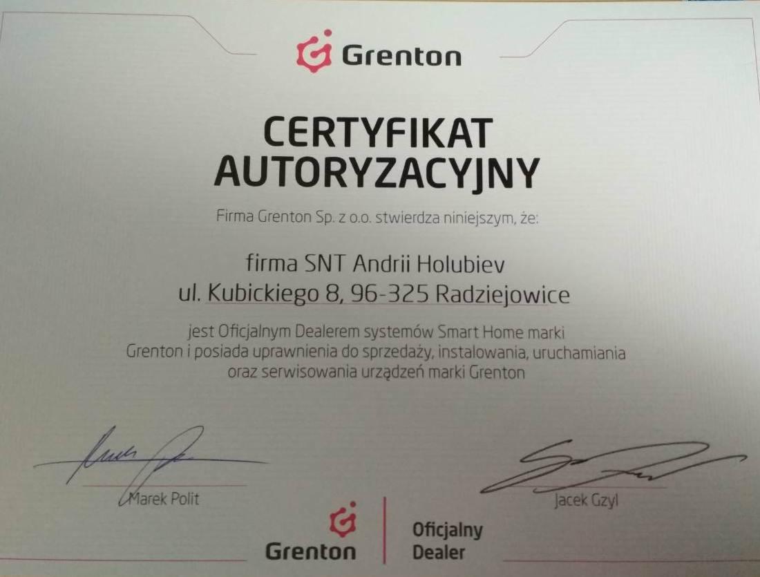 Skan certyfikatu autoryzacyjnego firmy Grenton dla firmy SNT Andrii Holubiev, potwierdzający uprawnienia do sprzedaży, instalacji, uruchamiania i serwisowania systemów Smart Home, z podpisami Marka...