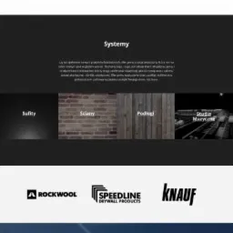 Strona internetowa firmy oferującej systemy wygłuszające, z widocznymi sekcjami: 'Potrzebujesz ciszy i spokoju?', 'Systemy', 'Sufity', 'Ściany', 'Podłogi', 'Studia Muzyczne', logotypy producentów...