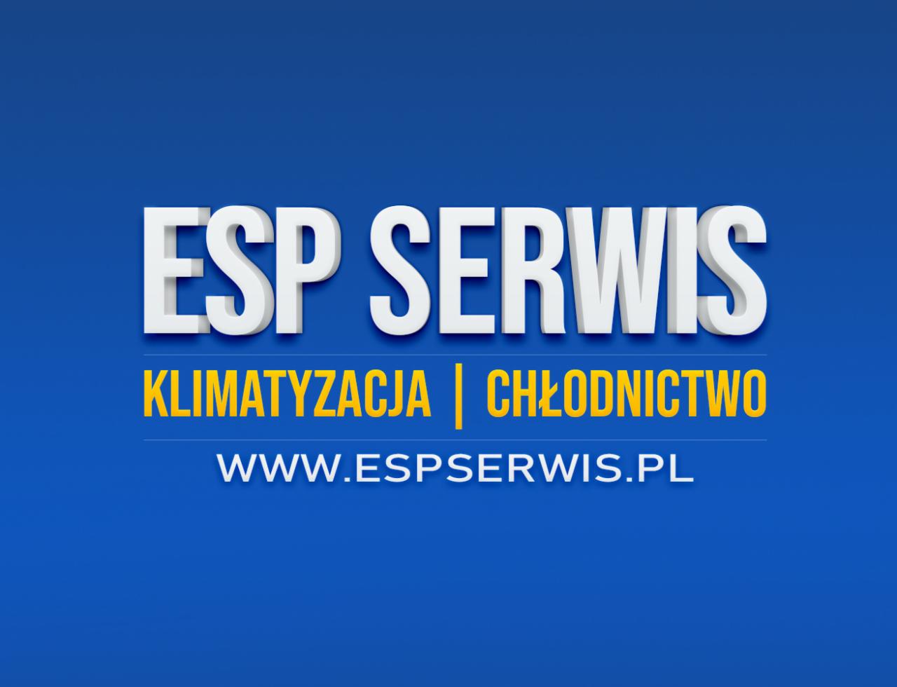 Logo firmy ESP Serwis na niebieskim tle, z napisami: Klimatyzacja i Chłodnictwo oraz adresem strony internetowej.
