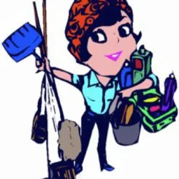 Karykaturalna postać kobiety w chuście na głowie, trzymającej mop, miotłę i wiadro z detergentami, w jasnym otoczeniu.