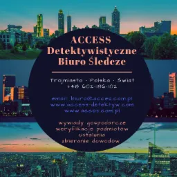Grafika reklamowa biura detektywistycznego ACCESS z panoramami miast w tle, oferującego wywiady gospodarcze, weryfikację podmiotów, ustalenia i zbieranie dowodów.