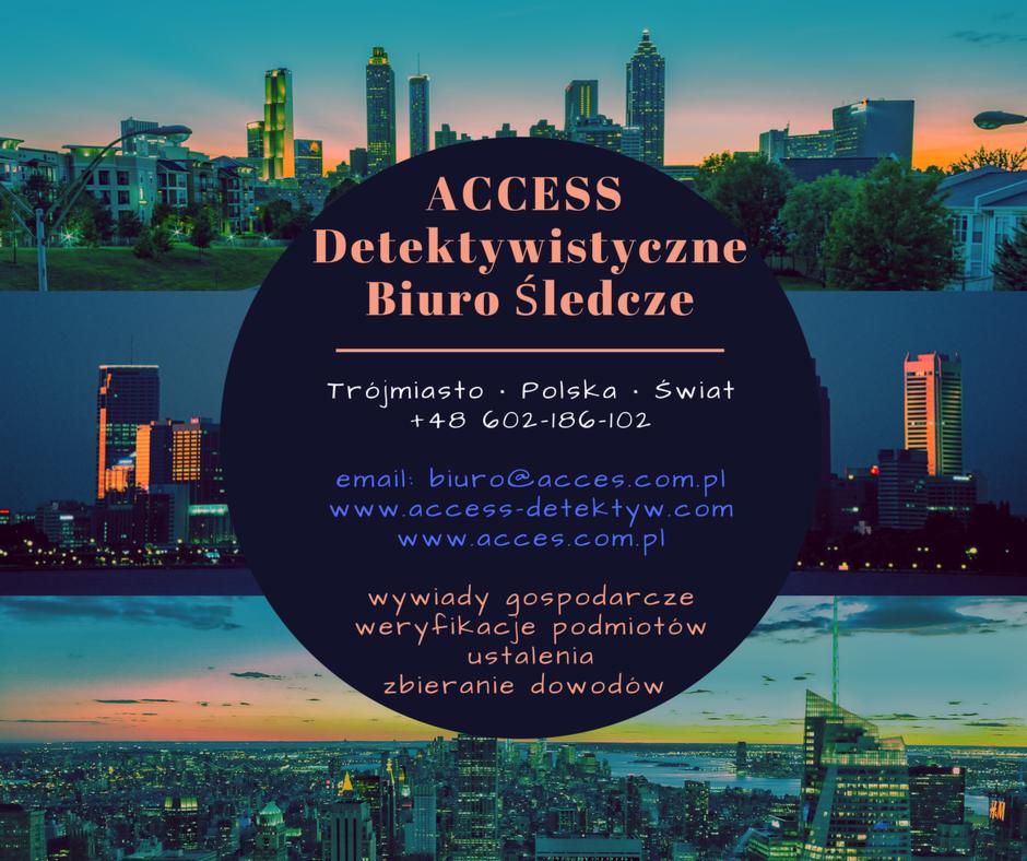 Grafika reklamowa biura detektywistycznego Access z panoramą Trójmiasta, Polski i świata w tle, oferującego wywiady gospodarcze, weryfikację podmiotów, ustalenia i zbieranie dowodów.