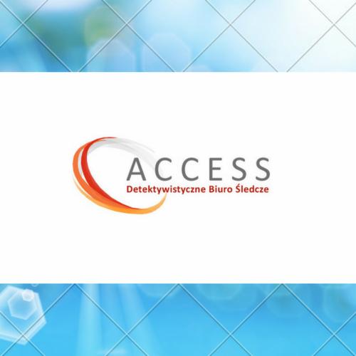 Logo firmy 'ACCESS Detektywistyczne Biuro Śledcze' z abstrakcyjnym symbolem w kolorach pomarańczowo-czerwonych, na białym tle z błękitnymi akcentami w tle.